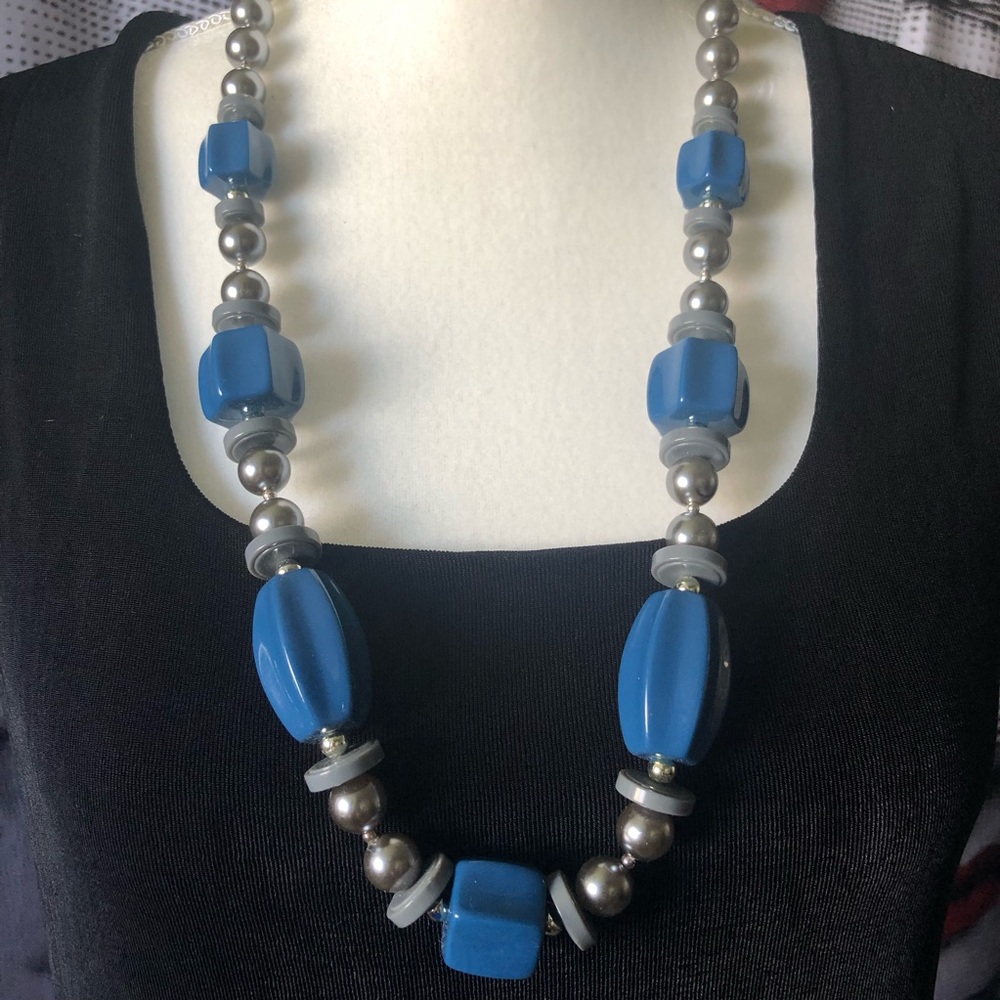 Fashion 30” Necklace- Chunky Blue Beads and Silver-colored Accents